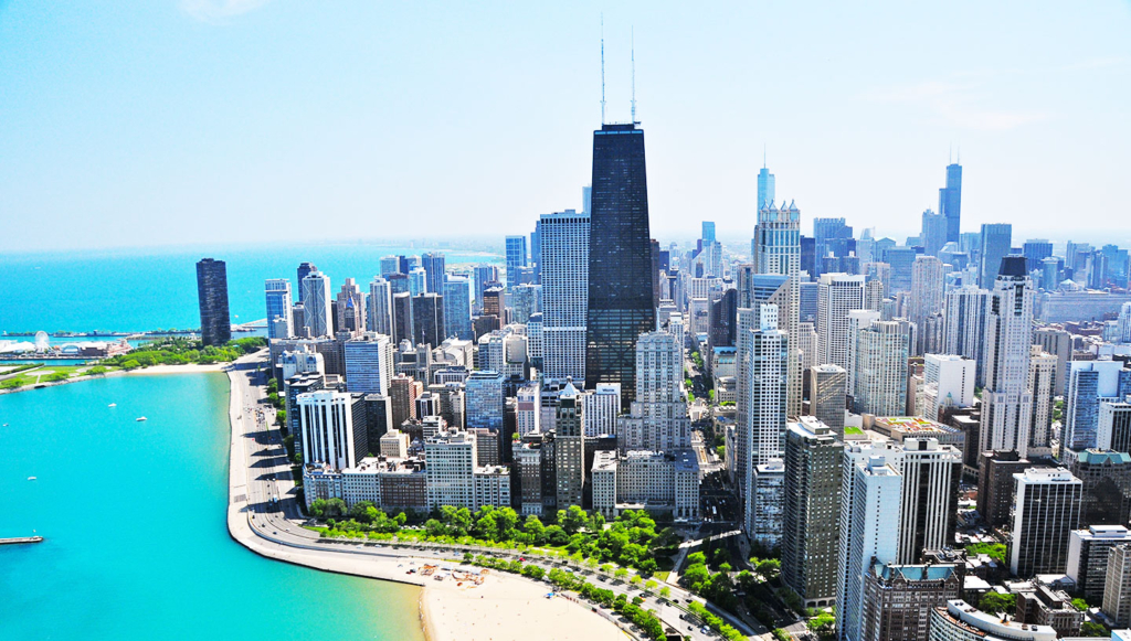 A view of the chicago skyline from above.