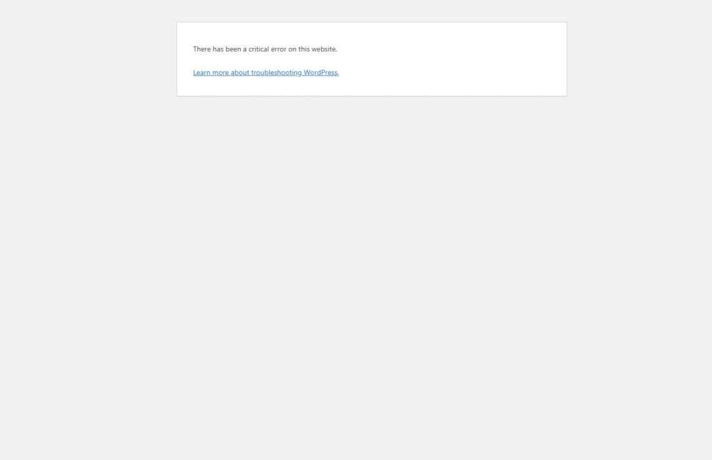 Website critical error message on screen.